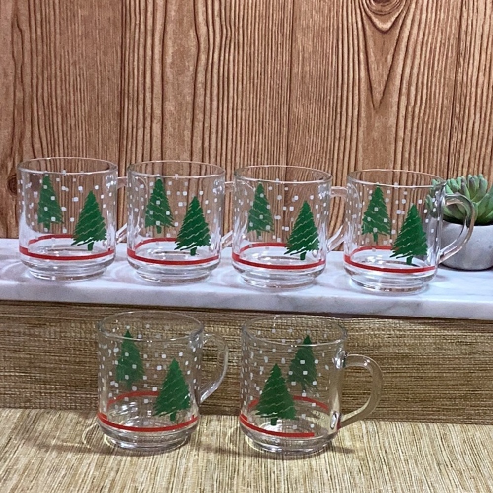Vintage Luminarc Glass Mugs with Christmas Tree Design with Snow Lot of 6